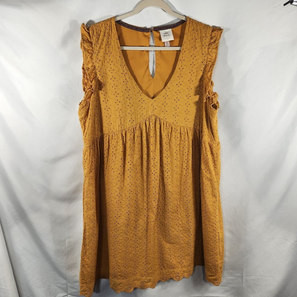 Knox Rose Boho Lined Eyelet Dress Mustard Yellow V Neck Sleeveless Ruffle Sz XL